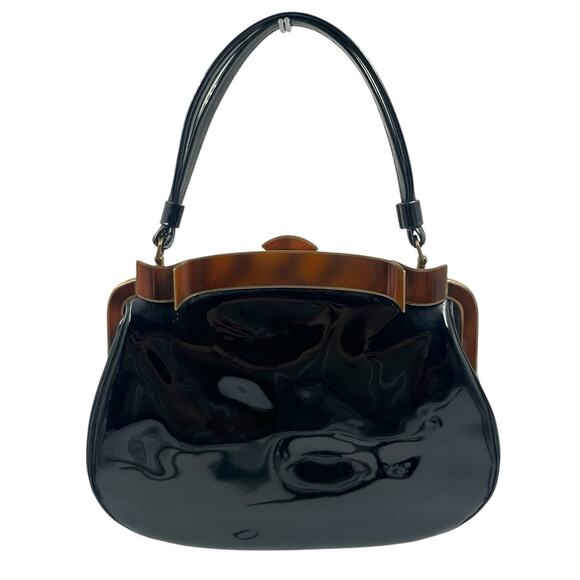 VTG 50s 60s CROWN LEWIS BLACK PATENT LEATHER PURSE TORTOISESHELL METAL FRAME GUC - Picture 1 of 3